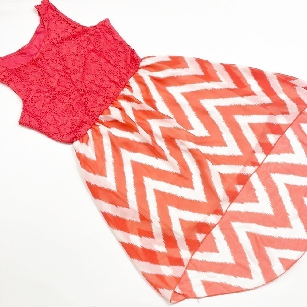 Salmon/orange little girls chevron print high low dress